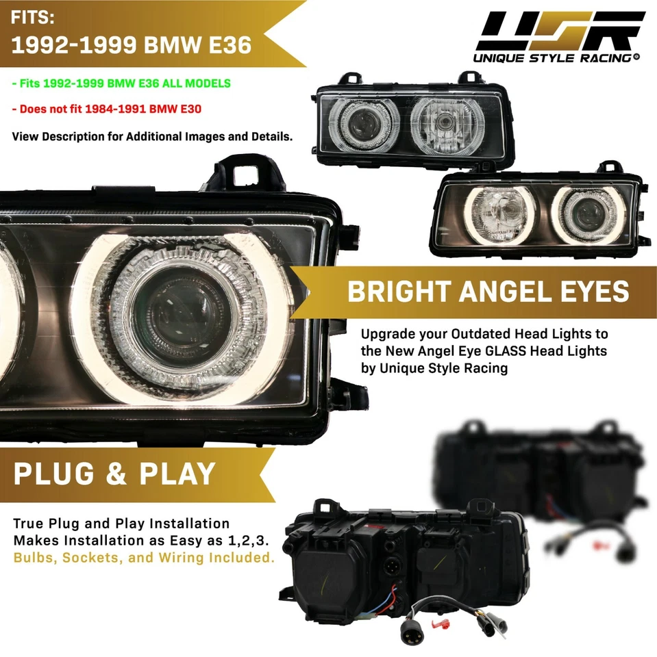 DEPO Halogen Angel Eye P36 Projector Glass Headlight For 92-99 BMW E36 3 Series Foto 3 de 4