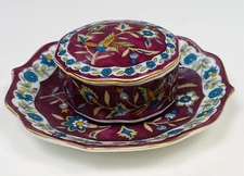 VTG SILK ROAD by Takahashi Plum Handpainted Ceramic TRINKET BOX & TRAY Bird EUC