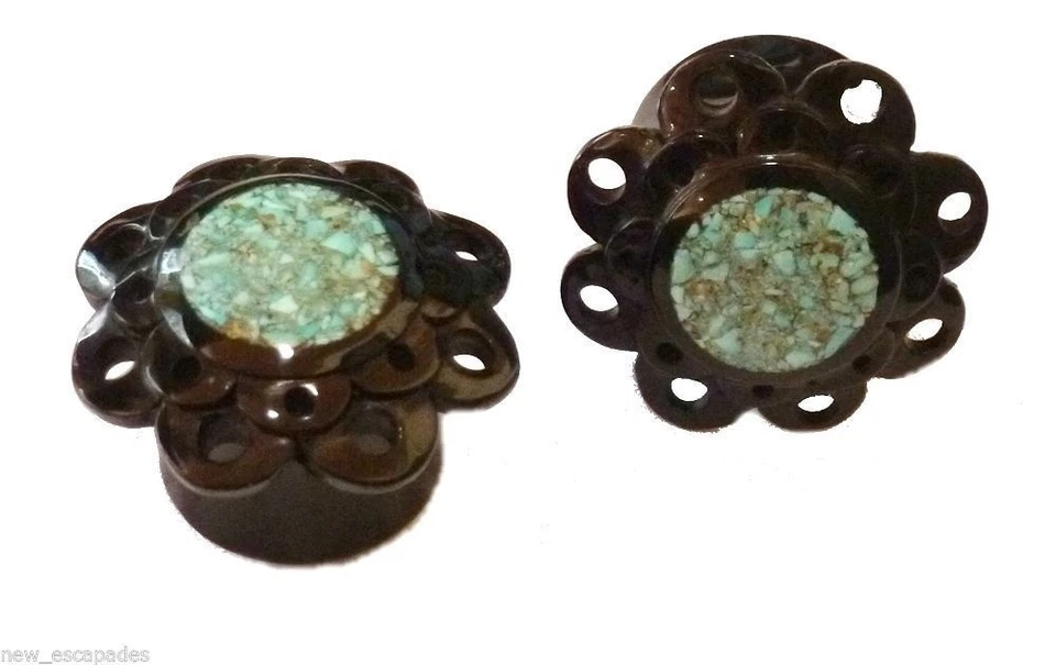 PAR-Cuerno Flor con Incrustación Turquesa Sillín Acampanado Tapones para los Oídos Calibre 16mm/5/8"  Foto 2 de 4