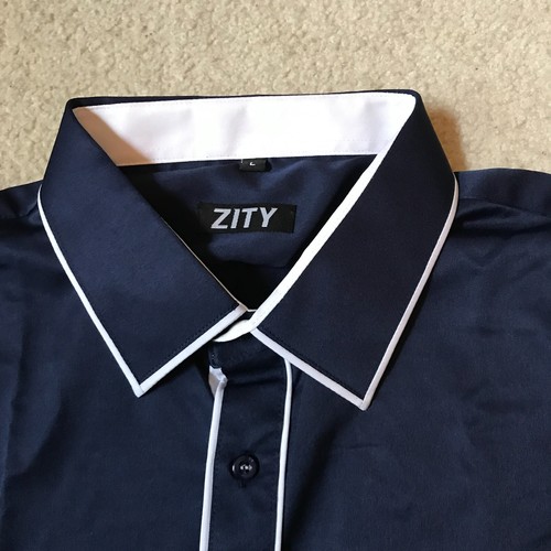 Zity Camicia Uomo Abito Taglia Large Manica Lunga Navy con Bianco Matrimonio Business L - Foto 2 di 8