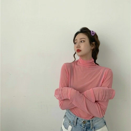 Lady Mesh Blouse See Through Sheer Casual Tops Long Sleeve Turtle Neck Thin Sexy - Picture 8 of 29