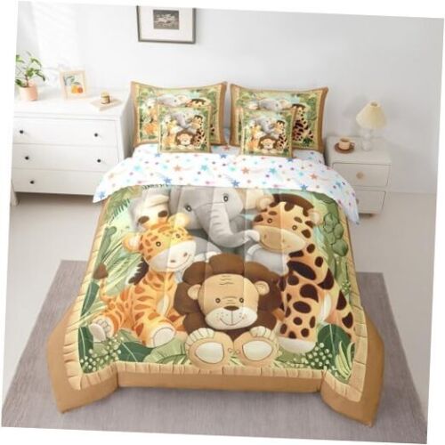Toddler Cartoon Animal Comforter Set with Sheets for Kids Queen Brown Green