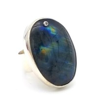 Sterling Silver Bezel Set Labradorite Ring With Cubic Zirconia Accent Handmade
