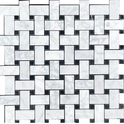 Polished Marble Mosaic Basketweave with Black Dot 1x2