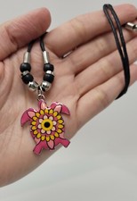 Pink Turtle Necklace Pink Turtle Pendant with Yellow Flower Design Inside Turtle