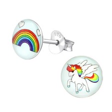 925 Sterling Silver Rainbow Unicorn  Rainbow Circle Kids Girls Stud Earrings