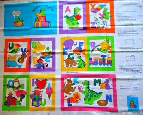 Soft Book Fabric Panel Dexter The Dinosaur ABC Learns About Letters Cotton Baby