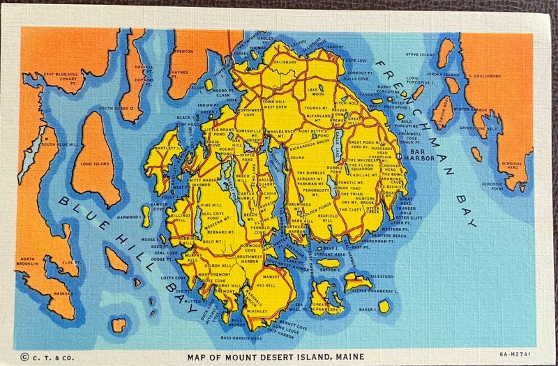 Awesome postcard: Map of Mount Desert Island, Maine "C. T. Art Colortone"