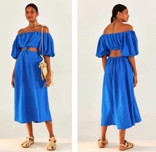 NWT Farm Rio Blue Off the Shoulder Middle Cut out Linen Maxi Dress Size XS
