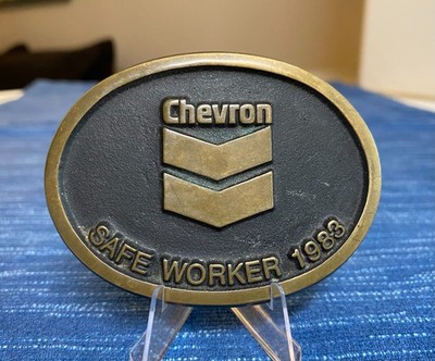 Vintage Chevron Solid Bronze Sandcast Belt Buckle Safe Worker 1983 Gas Oil Field