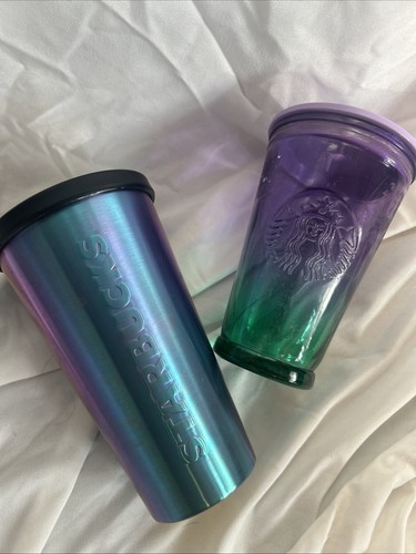 Starbucks Purple Green Ombre Recycled Glass & Metal Multi Colored Tumbler 16oz