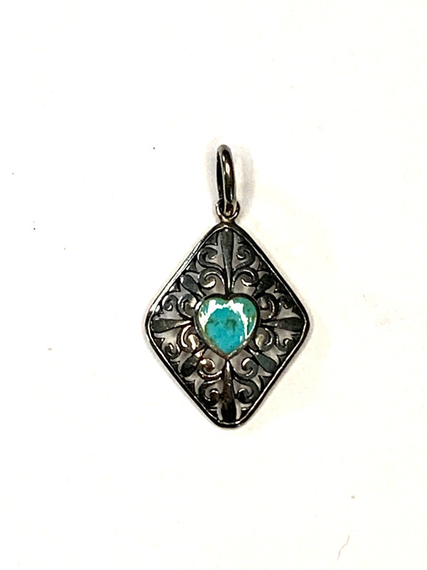 925 Sterling VTG BOMA Filigree Heart Turquoise Pendant 1"