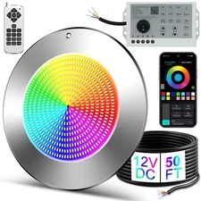 Smart 10" LED Pool Light for Inground Pool 12V DC  App+Remote+Switch, 50Ft Cord