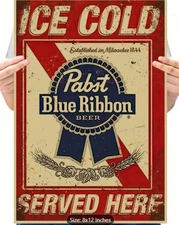 Retro Metal Sign Pabst Blue Ribbon Beer 12" x 8 " Man Cave Decor Vintaqge Style