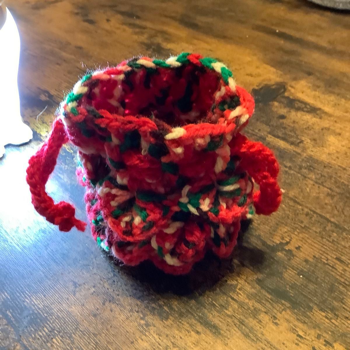 Hand-knitted strawberry pattern drawstring pouch … - image 2