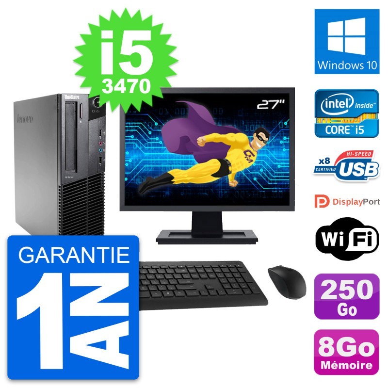 PC Lenovo M82 SFF Ecran 27" Intel i5-3470 RAM 8Go Disque 250Go Windows 10 Wifi