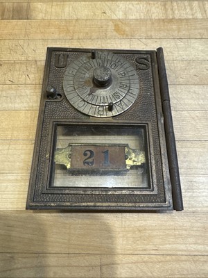 Antique Corbin USPS Post Office Mail Box Door Point Dial w Hinge &Strike  Plate
