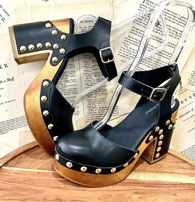 Free People Cecelia Studded Clogs Ankle Strap Platform Black Leather Brass 7 NEW