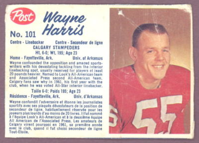 1962 POST CFL FOOTBALL #101 WAYNE HARRIS RC VG CALGARY STAMPEDERS U OF ARKANSAS