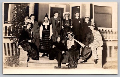 Postcard RPPC Halloween Group Dressed Custome on Front Porch