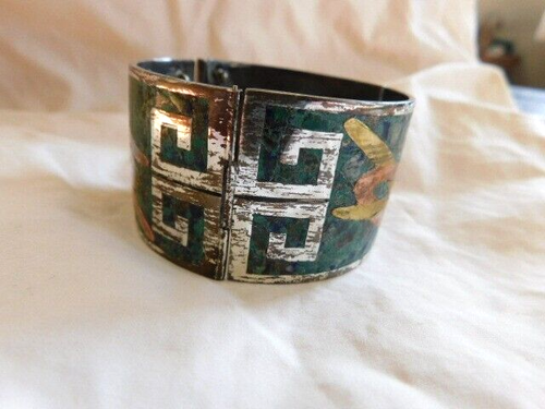 Brazalete con bisagras NESTOR ESTERLING Taxco México con incrustaciones verde turquesa - Imagen 4 de 6
