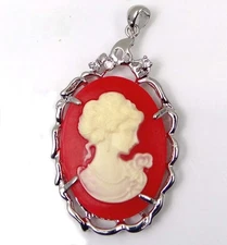 Victorian Style Lady Queen Cameo Pendant Silver Plated Resin - Red