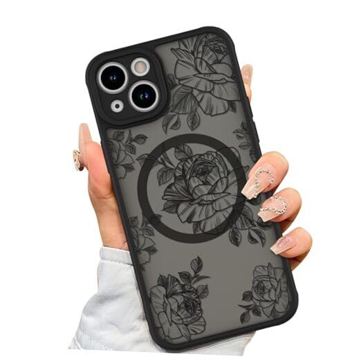 Case [Compatible with MagSafe] Black Flower Floral Pattern for iPhone 15 Plus