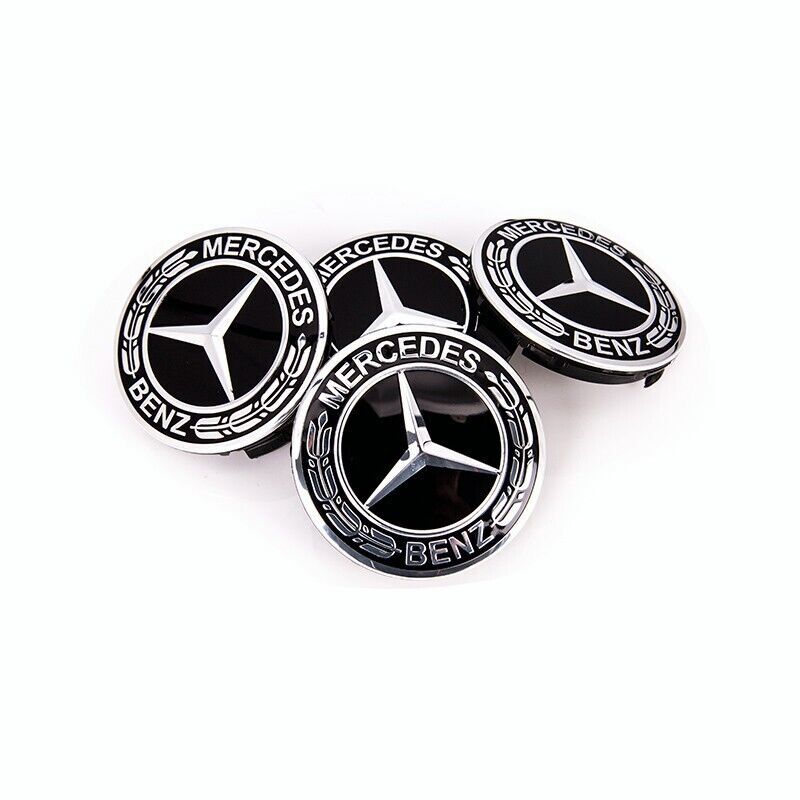 4X Mercedes Classic Black Wheel Center Hub Caps Emblem 75MM Laurel Wreath