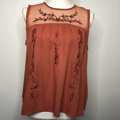 Bleuh Ciel Embroidered Blouse Women's Size Large Crinkle Sheer Panel Sleeveless