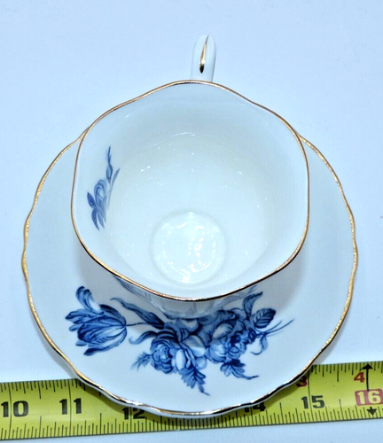 Crown Staffordshire England Footed Blue Flowered Tea Cup and Saucer - Picture 16 of 16