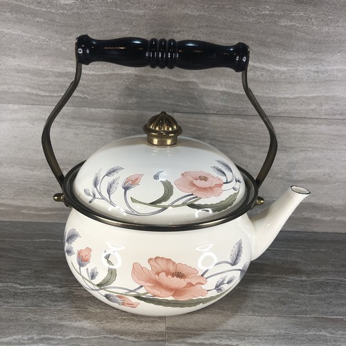 Enameled Metal TEAPOT Painted Flowers Motif 8 CUPS TABLETOPS UNLIMITED