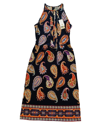 NWT Tory Burch Libby Silk Jersey Keyhole Cut-out Midi Paisley Dress XS 00 0 Navy