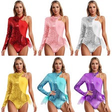 Women Rompers Gymnastics Bodysuit Costume Jumpsuit Feather Leotard Sparkly Jazz