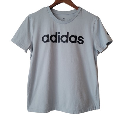 Adidas Tshirt Large Womens Light Blue Black Spell Out Logo Reg Fit Sits at Waist