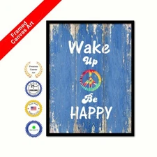Wake Up & Be Happy Framed Canvas Blue Quote Decorative Office Wall Artwork Print