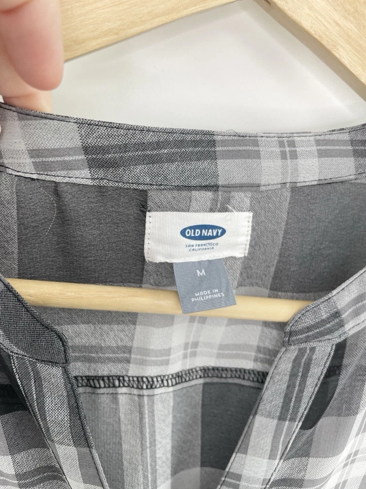 Old Navy Plaid Sheer Tie Waist Button Front Tunic Dress Size M  Preppy Academia - Image 4 of 4