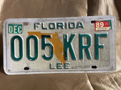 Vintage 1989 Florida Sunshine State License Plate 005 KRF Lee County
