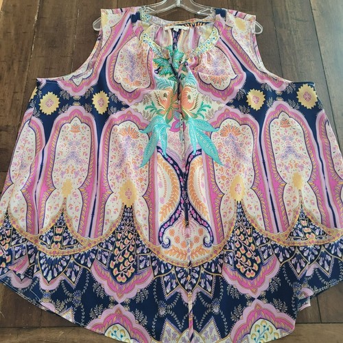 Rose + Olive Sleeveless Boho Paisley Print Blouse Top 3X - Picture 4 of 4