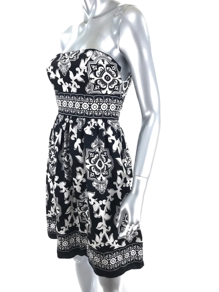 White House Black Market Dress Sz 0 Black White Geometric Strapless Silk Party - Image 4 of 4