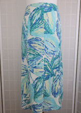 M S Skirt Size 16 Green Blue Abstract Print Linen Blend 31" Long Elastic Waist