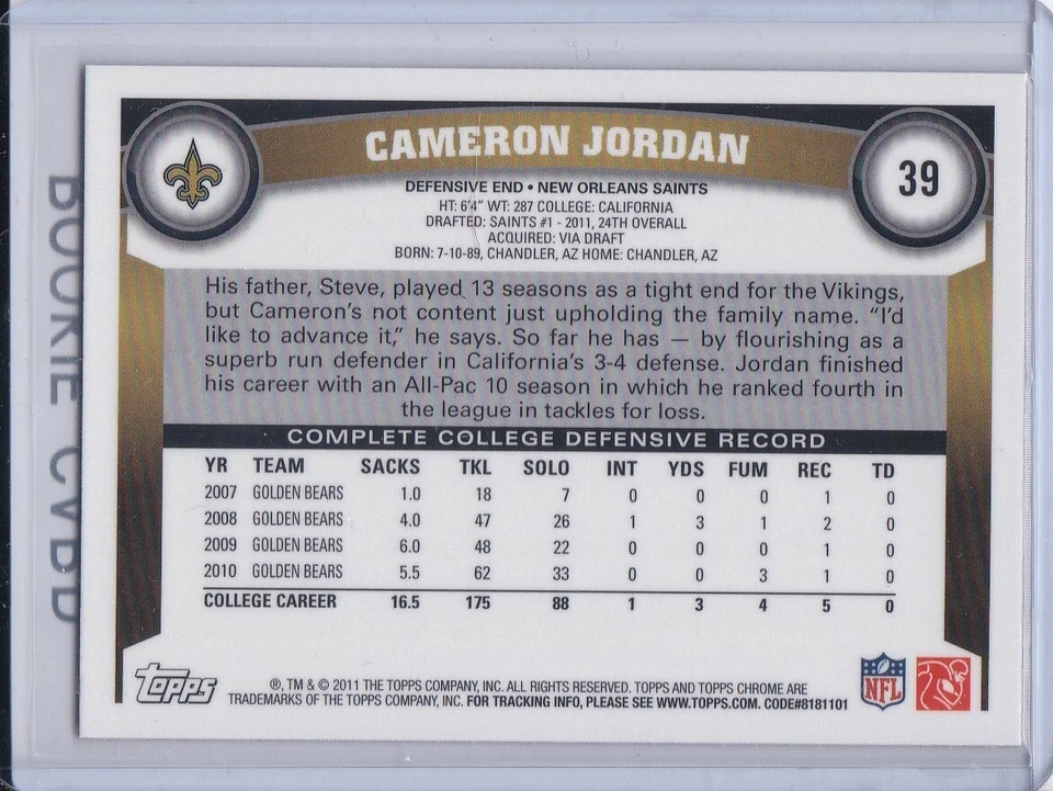CAMERON JORDAN ROOKIE CARD 2011 Topps Chrome RC New Orleans Saints Football - Image 2 of 2