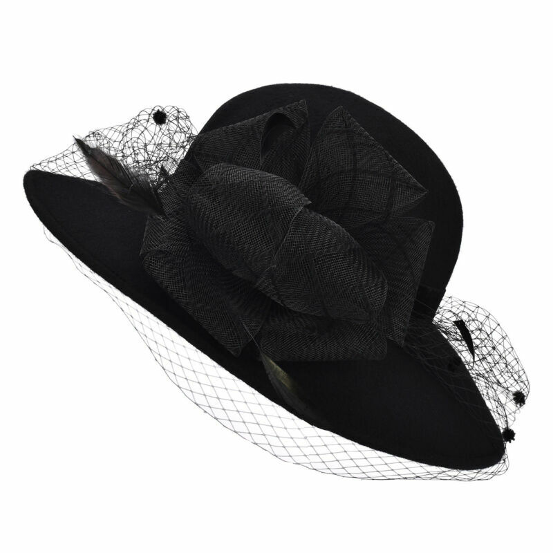 Womens Black Wool Felt Floral Veil Netting Feather Wide Brim  display picture 1
