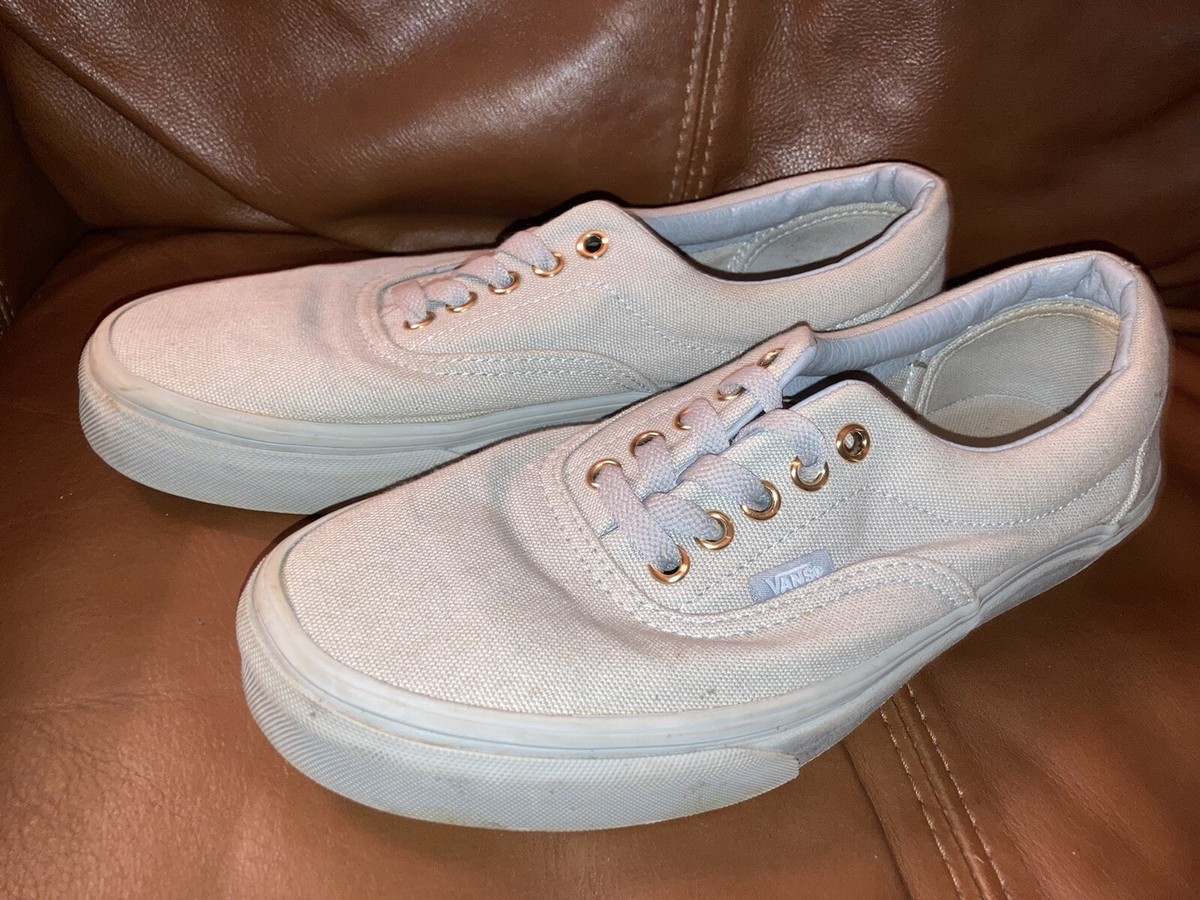 Vans Mens Size 8 Womens 9.5 Beige Canvas Gold Eyelet Shoes Clean