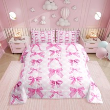 Cute Pink Bow King Comforter Set for Girls Women,Princess Pink Bows Bedding S...