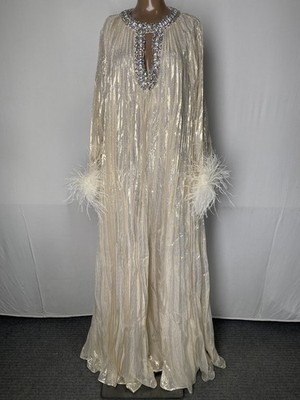 Self Portrait Womens Maxi Dress Gold Size 8 Metallic Feather Long Sleeve Pleated