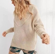 Aerie Rib Knit V-Neck Slouchy Cotton Sweater In Sandalwood Women  s Size XS