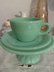 Vtg Fire-King Jadeite OVEN GLASS  C Handle Cup+ Saucer SET Heavy Duty Rare