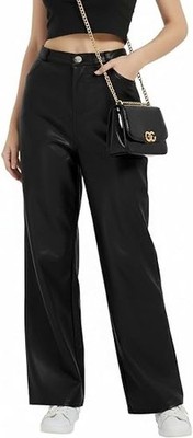 Women's Black Leather Pants - High Waist Faux Leather Straight Leg Bell Bottom
