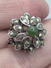 VTG STERLING SILVER 925 Jade Marcasite Gemstone Ring Size 6
