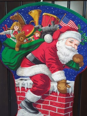 Jumbo 32'' Vintage Christmas Stocking Santa Down Chimney Cranston VIP Felt Back